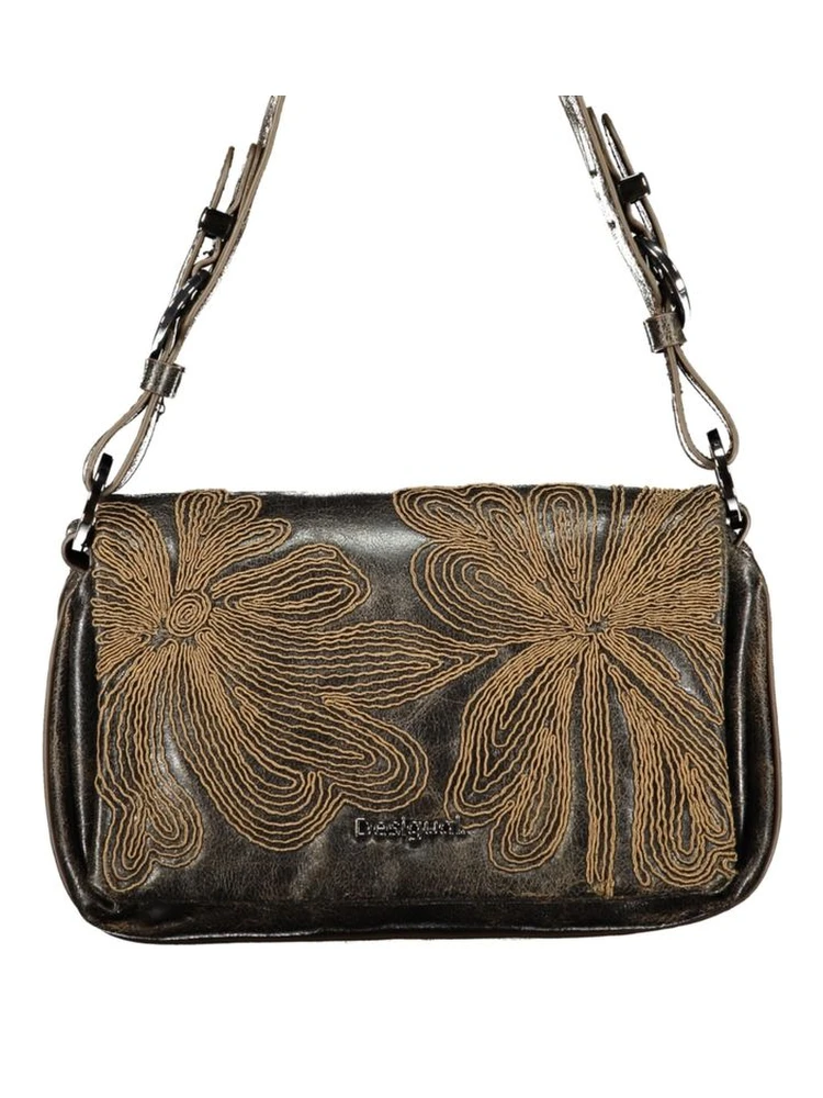 Brown Polyurethane Women's Bag with Embroidery and Magnet Closure
