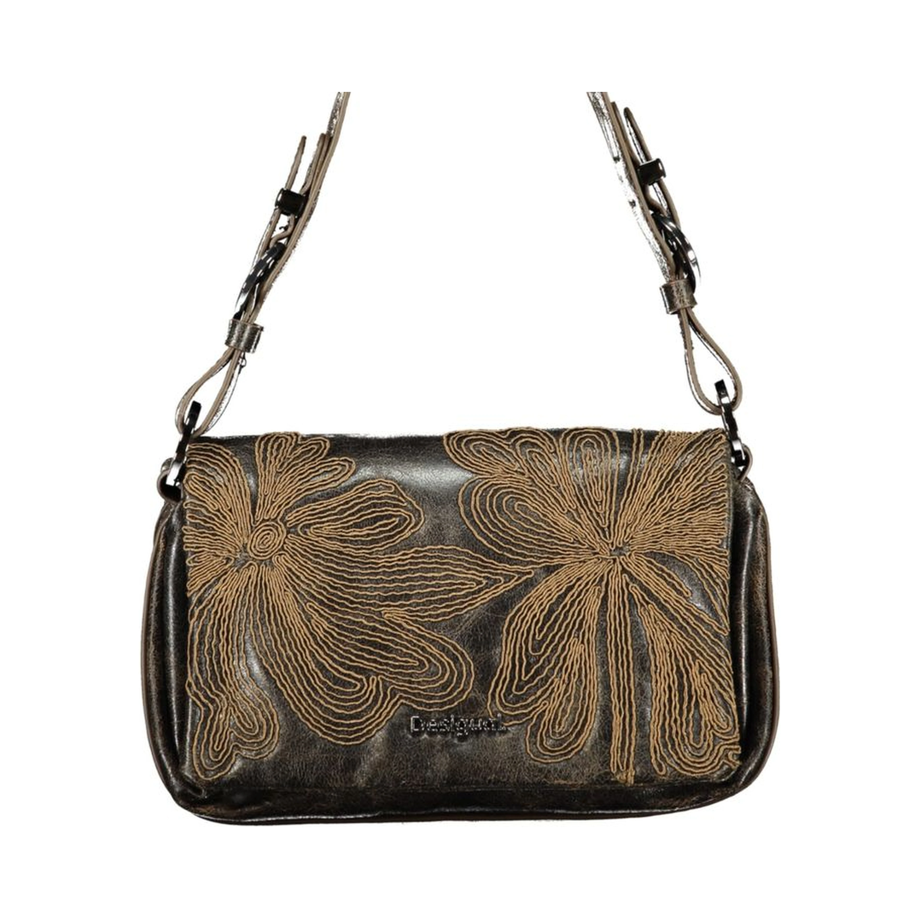 Brown Polyurethane Women's Bag with Embroidery and Magnet Closure