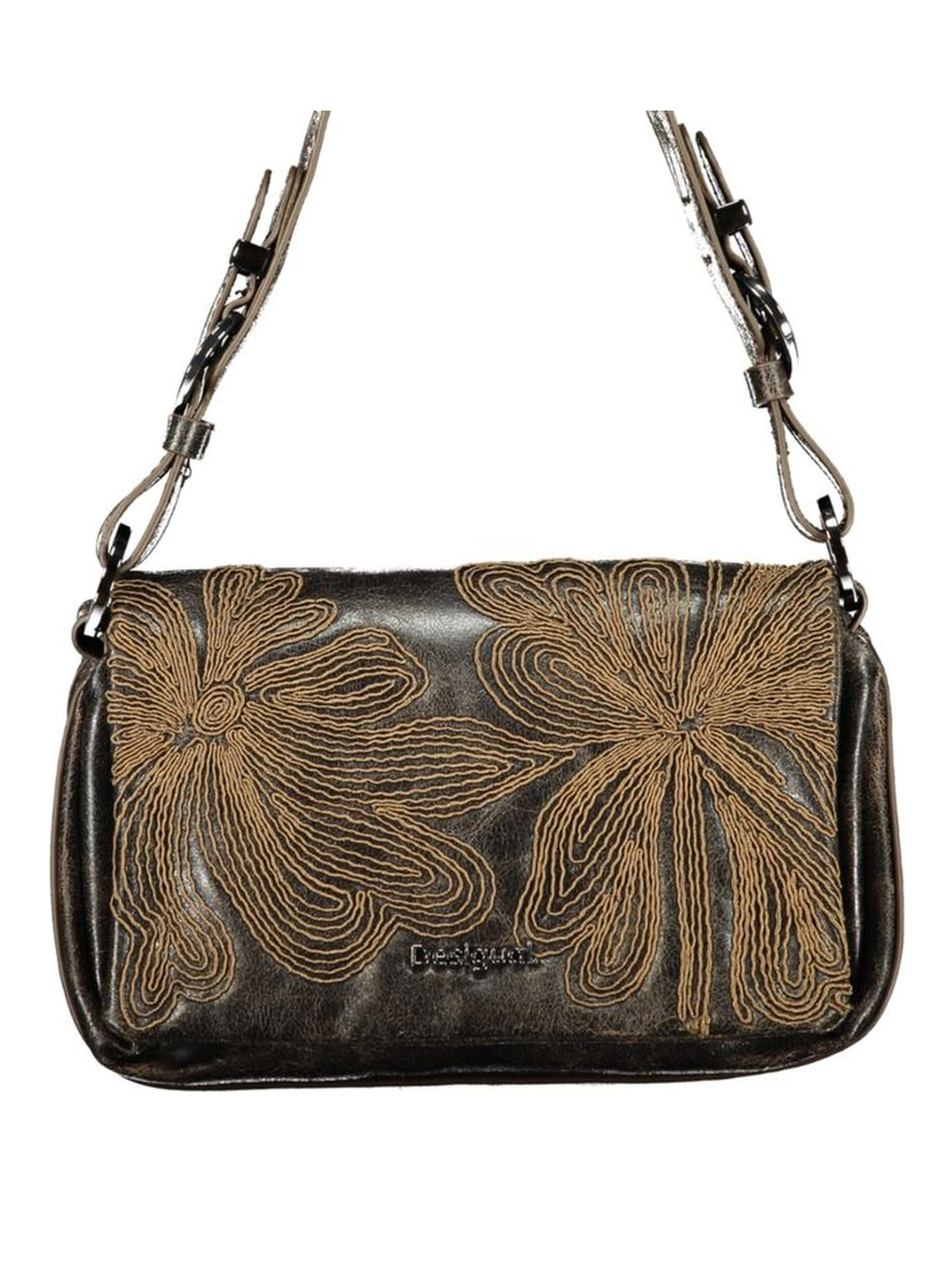 Brown Polyurethane Women's Bag with Embroidery and Magnet Closure