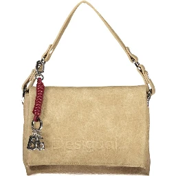 Beige Polyurethane Women's Bag with Removable Strap and Compartments