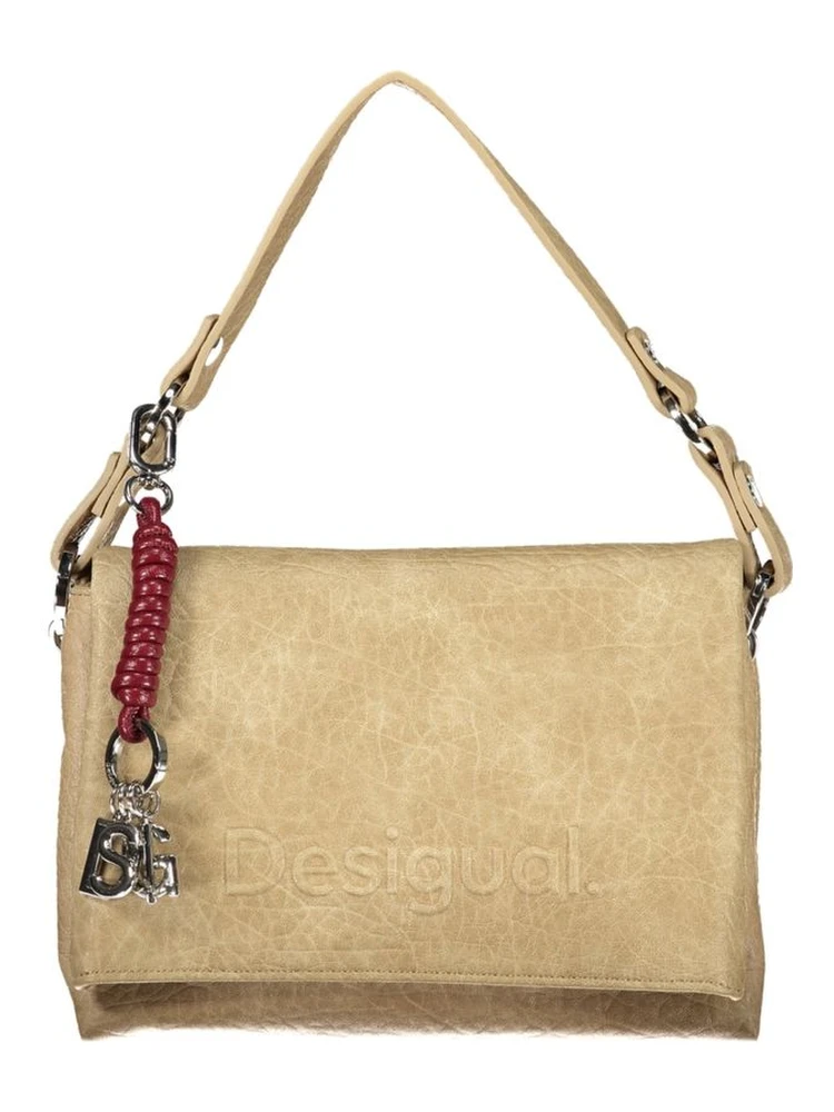 Beige Polyurethane Women's Bag with Removable Strap and Compartments