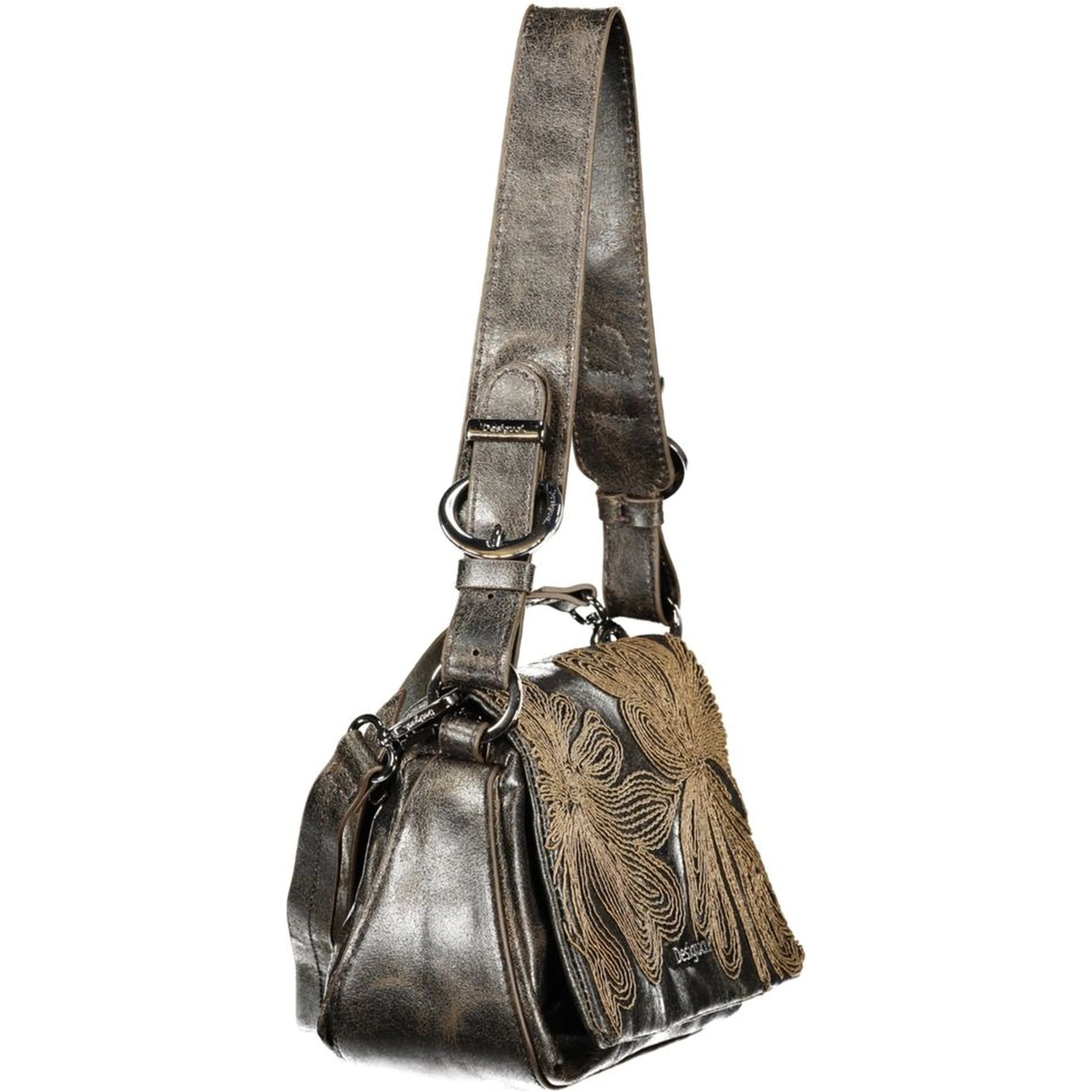 Brown Polyurethane Women's Bag with Embroidery and Magnet Closure