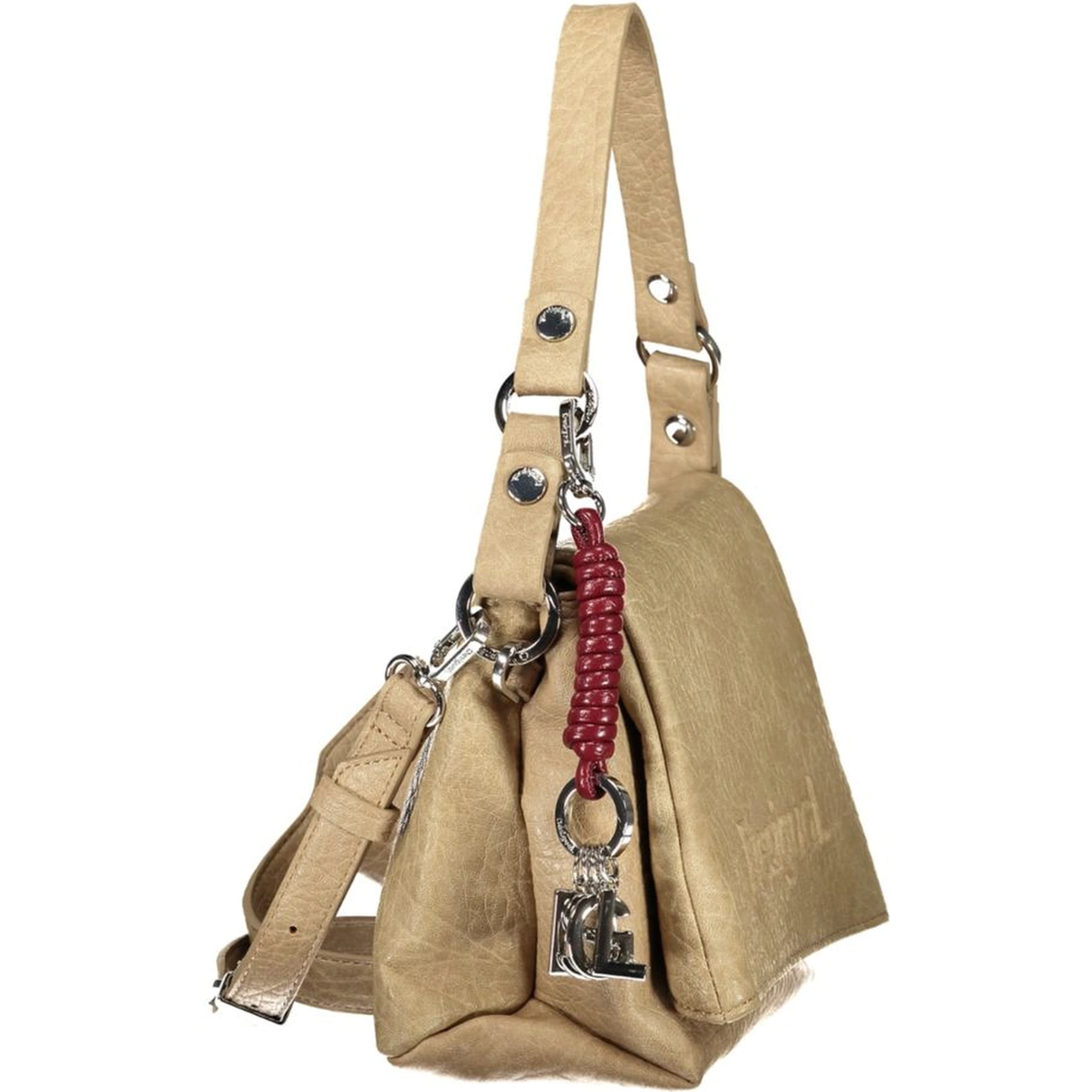 Beige Polyurethane Women's Bag with Removable Strap and Compartments