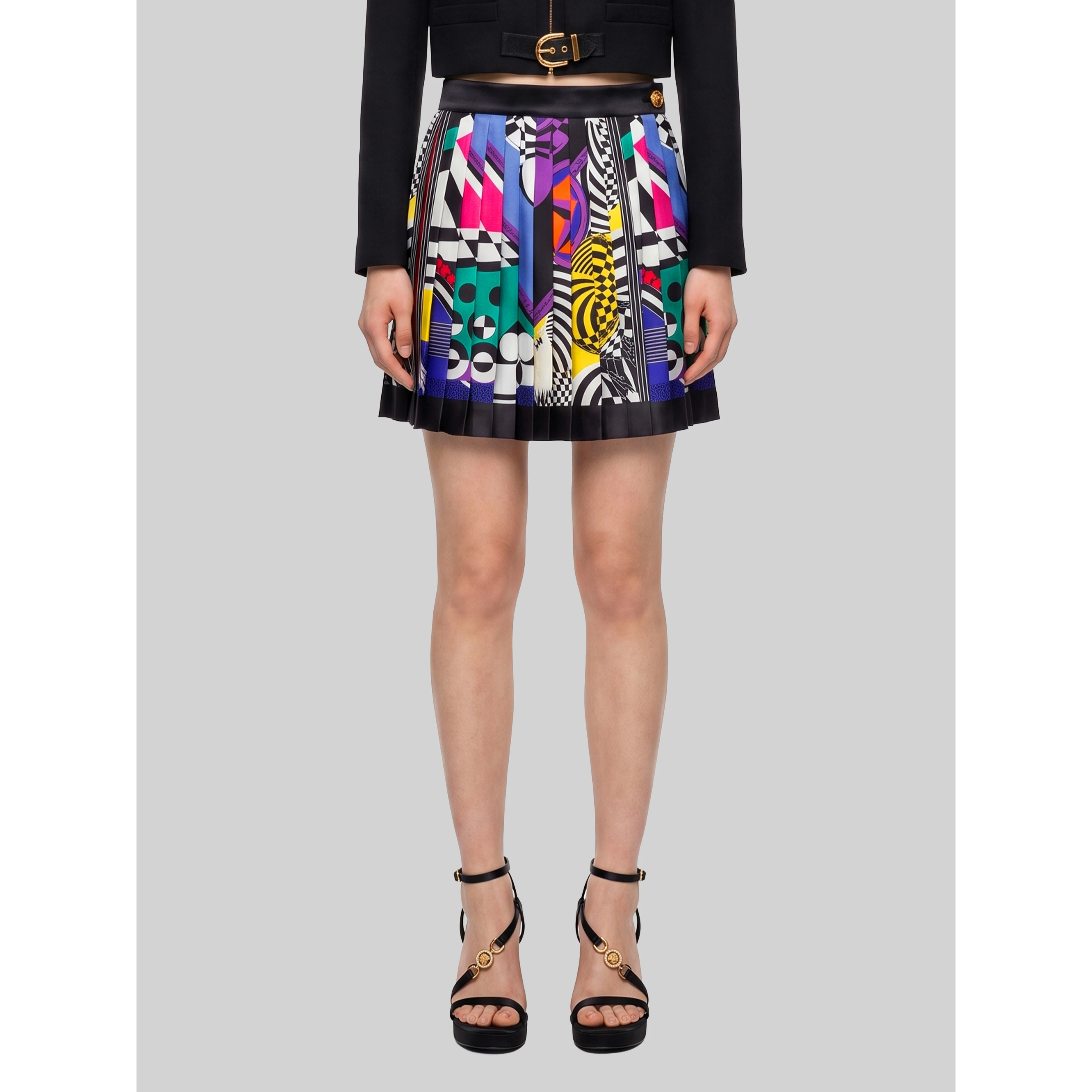 Printed silk twill pleated miniskirt