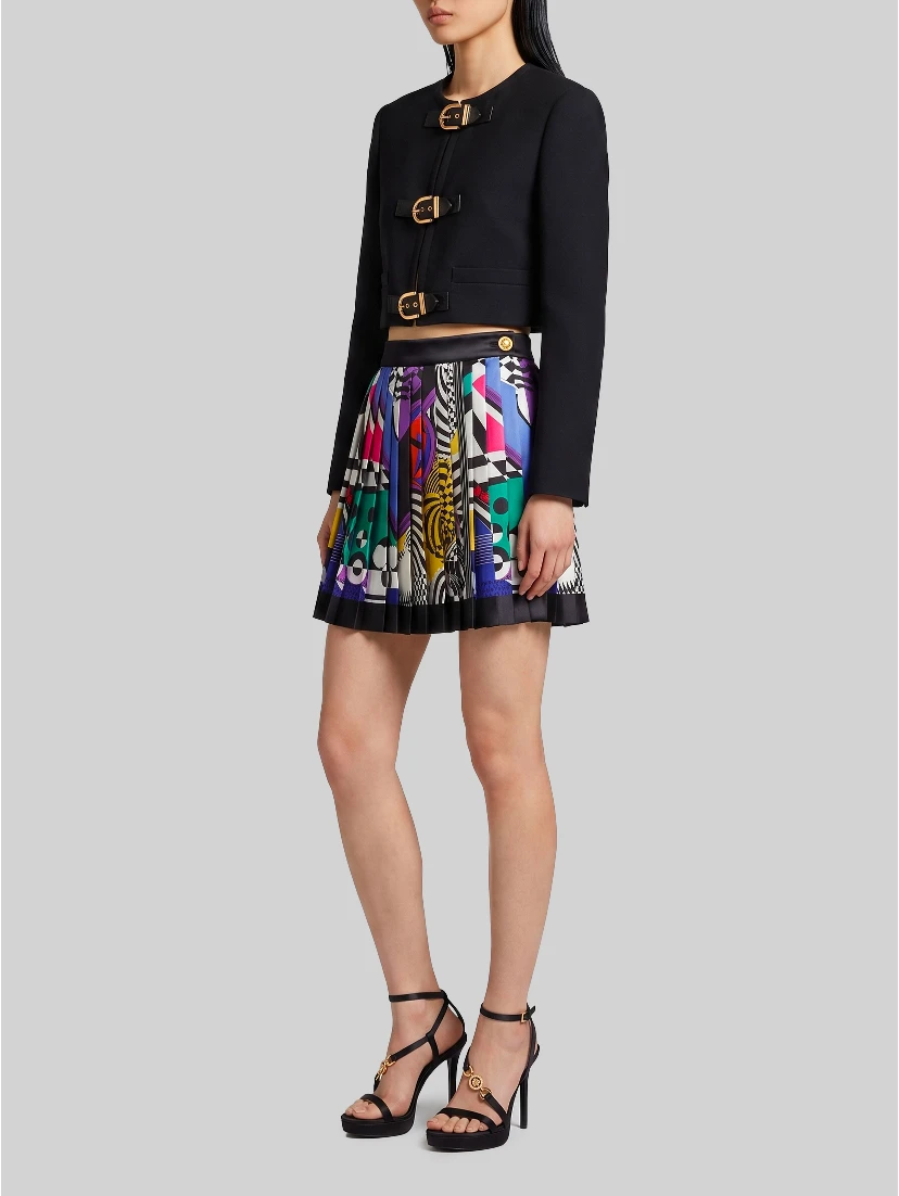Printed silk twill pleated miniskirt