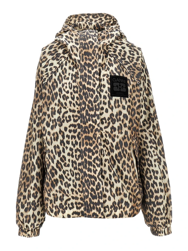 Leopard-print nylon hooded blouson jacket