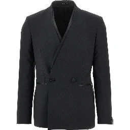 Collarless double-breasted tuxedo jacket