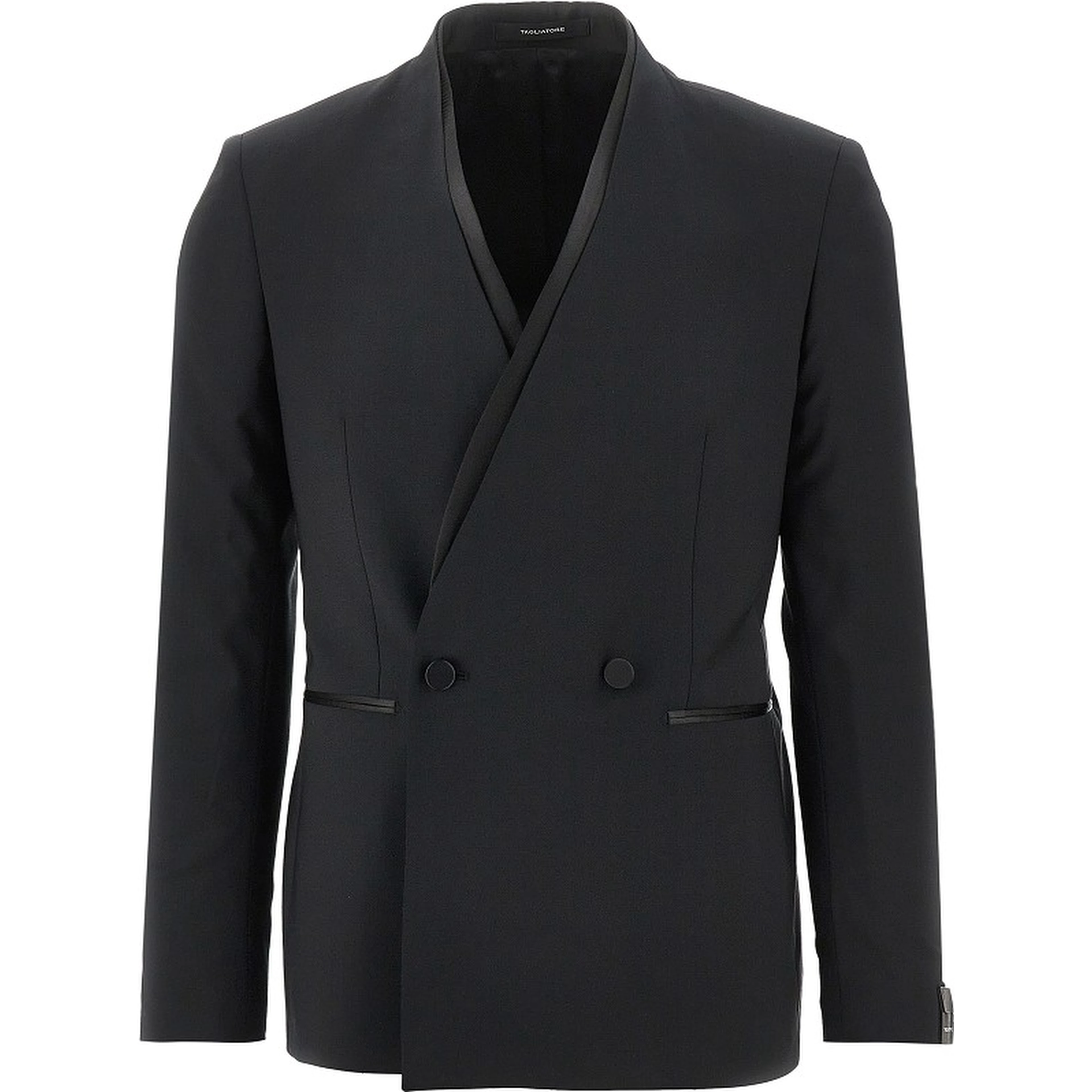 Collarless double-breasted tuxedo jacket