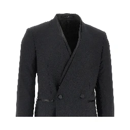 Collarless double-breasted tuxedo jacket