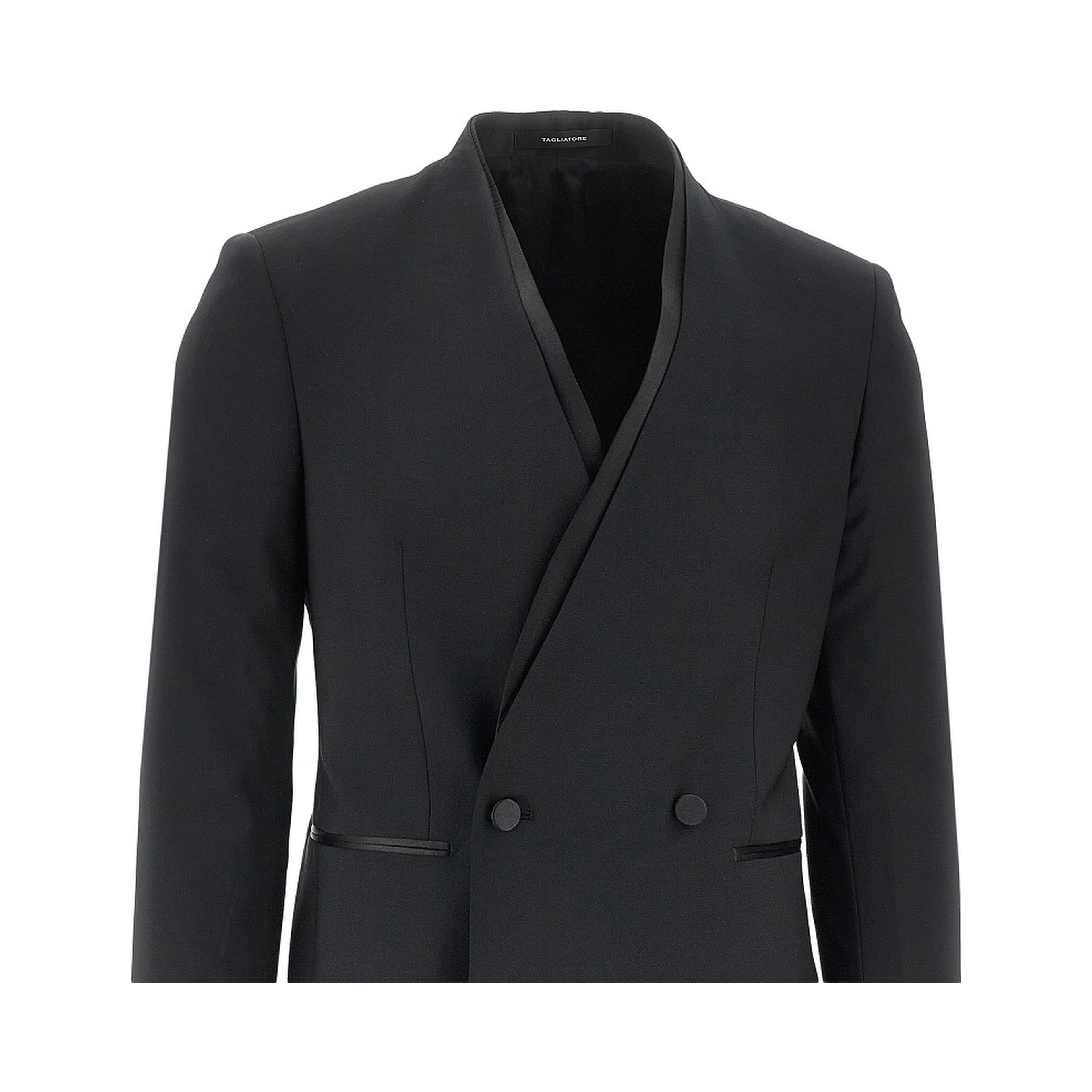 Collarless double-breasted tuxedo jacket
