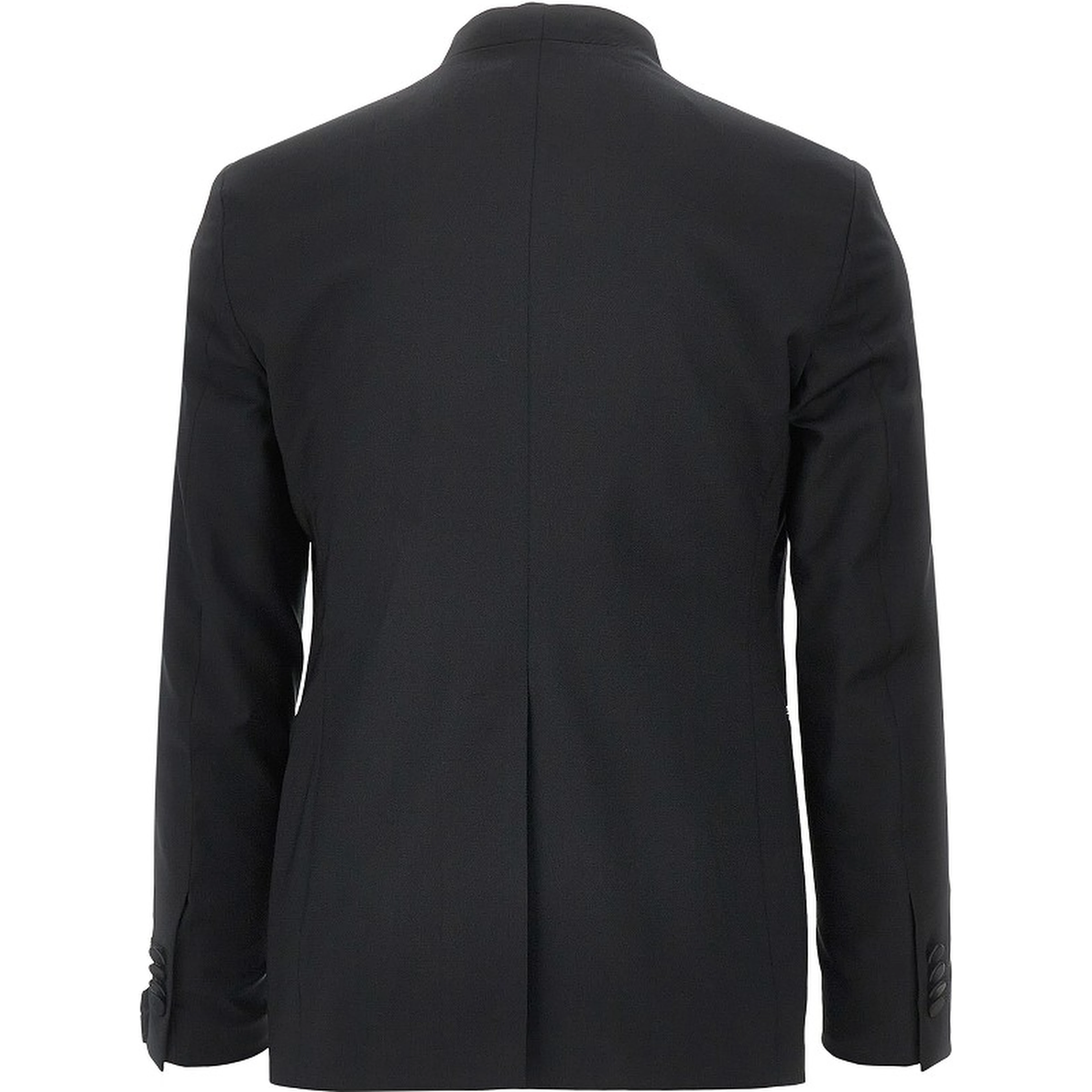 Collarless double-breasted tuxedo jacket