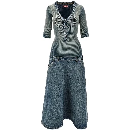 Denim and ribbed knit low-rise midi dress
