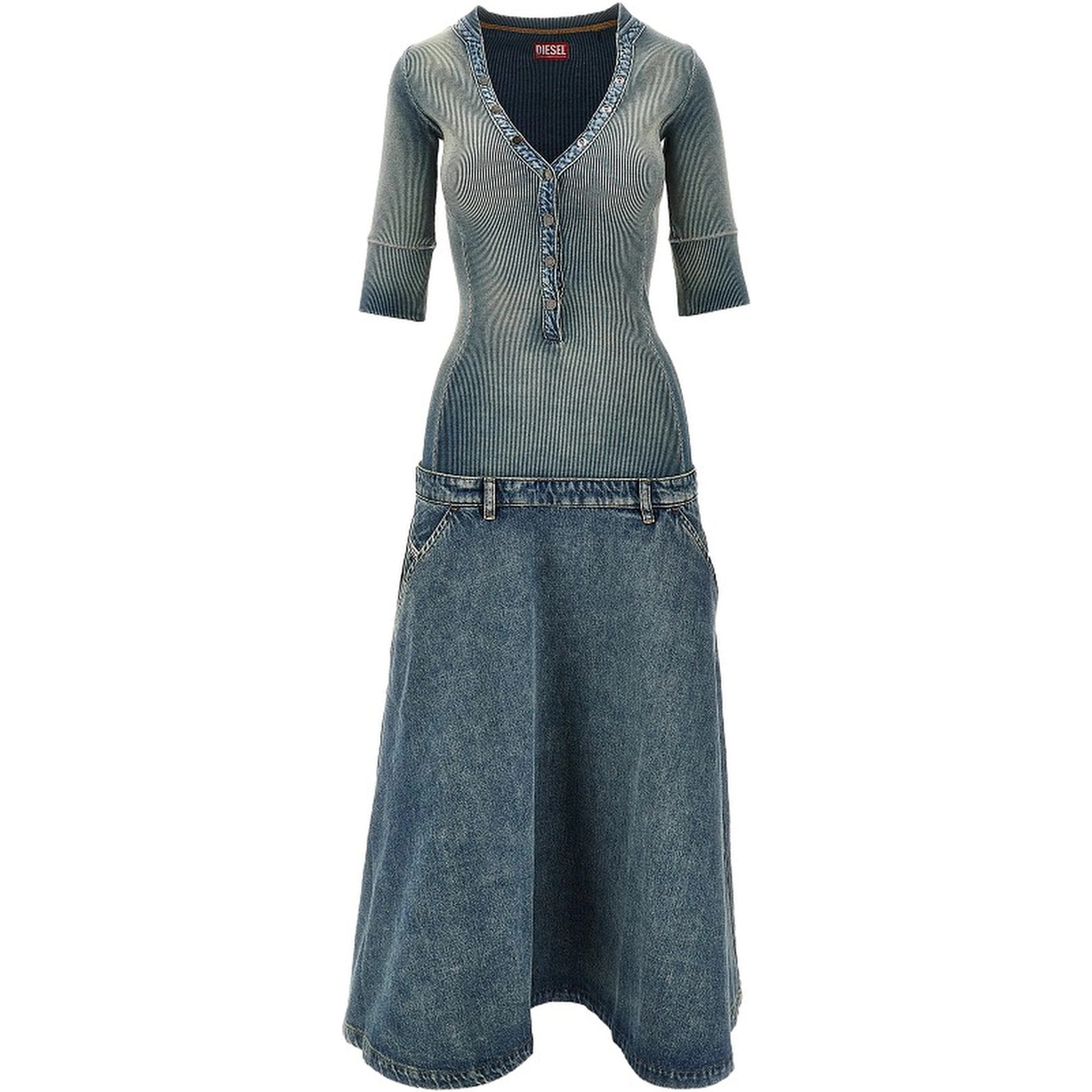 Denim and ribbed knit low-rise midi dress
