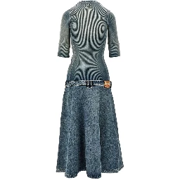 Denim and ribbed knit low-rise midi dress