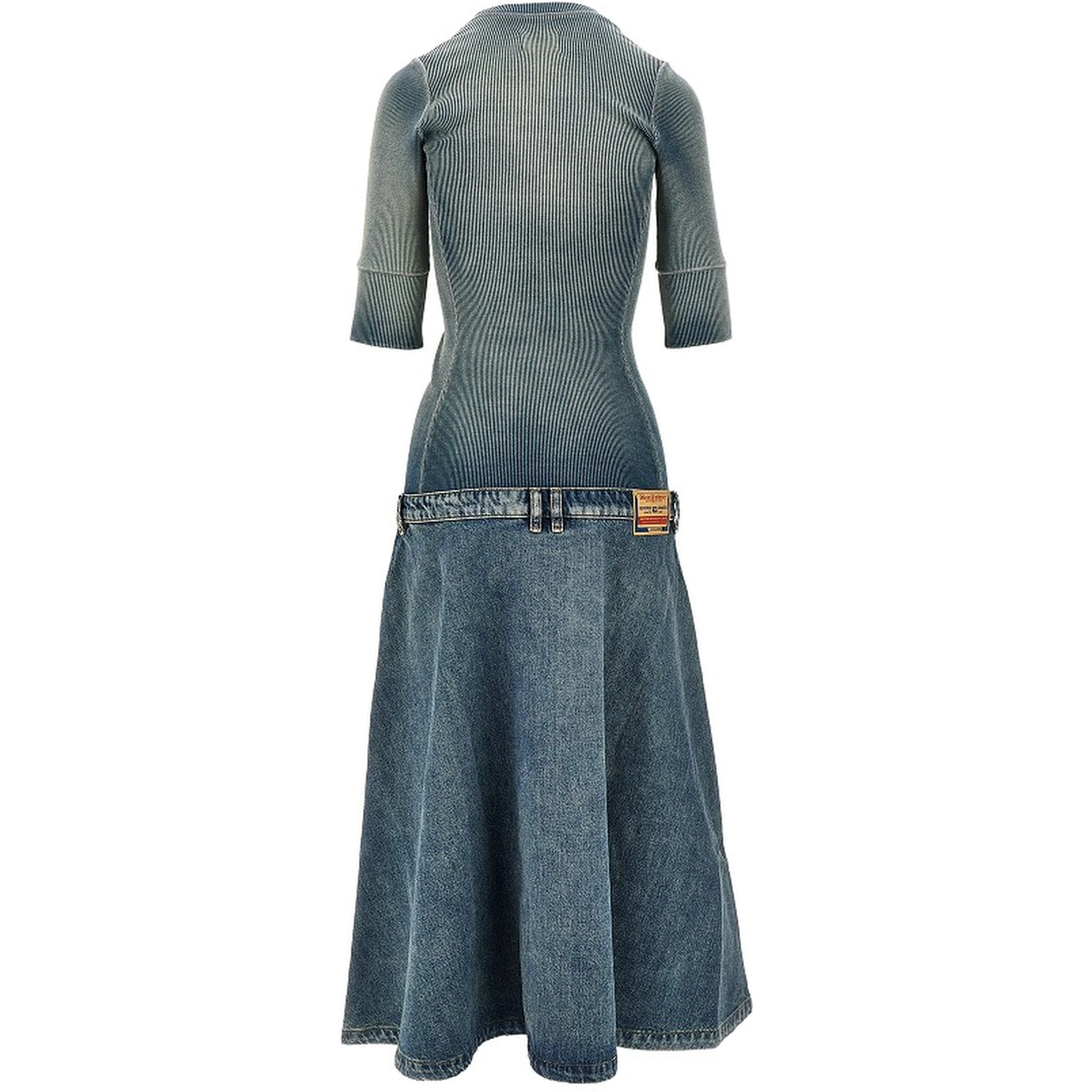 Denim and ribbed knit low-rise midi dress