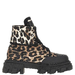 Leopard-printed denim boots