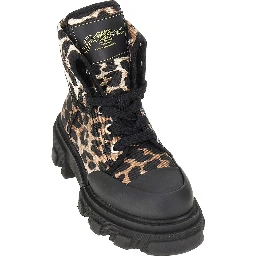 Leopard-printed denim boots