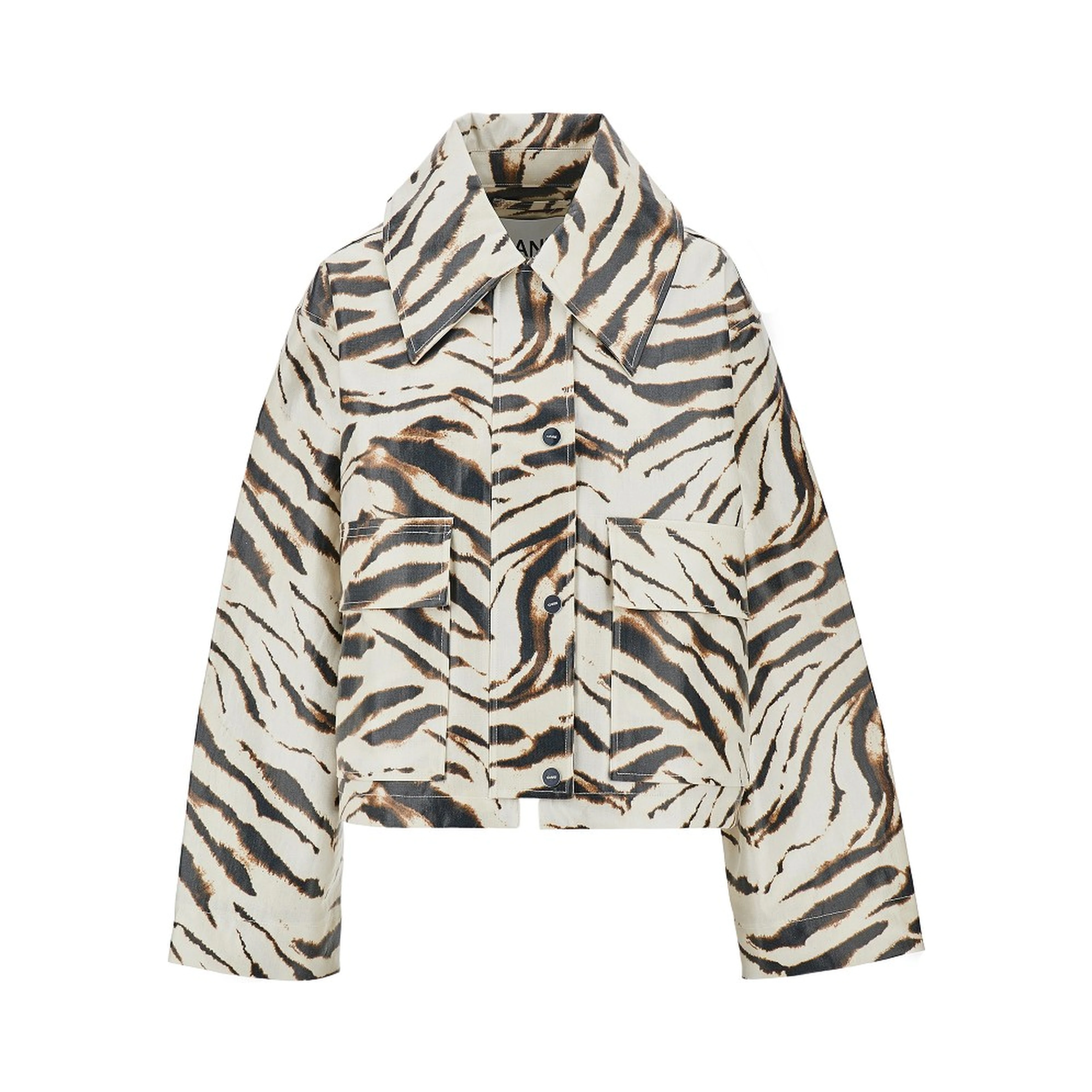 Coated fabric jacket with zebra-striped print