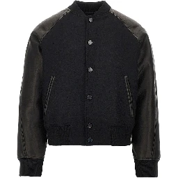 Wool and leather bomber with logo patch