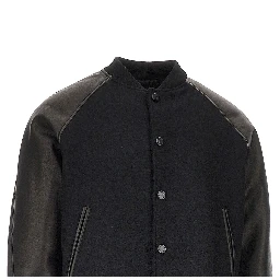 Wool and leather bomber with logo patch