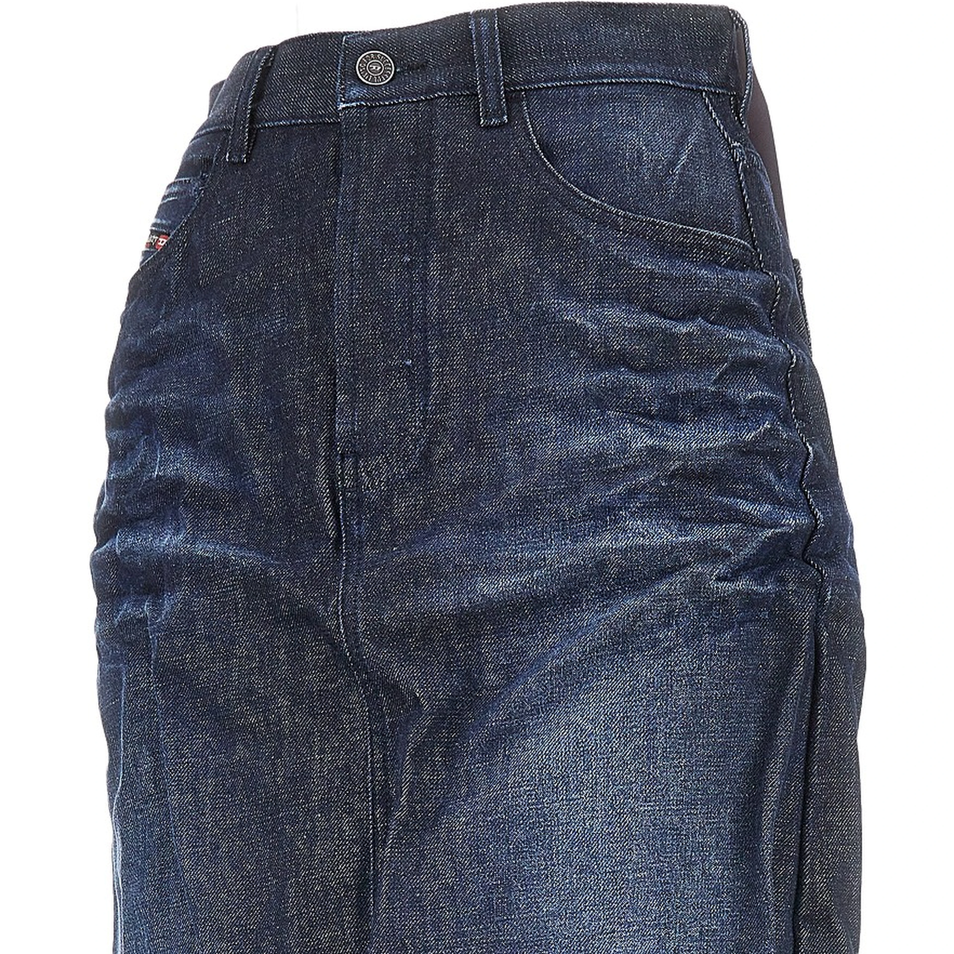 Creased denim midi skirt