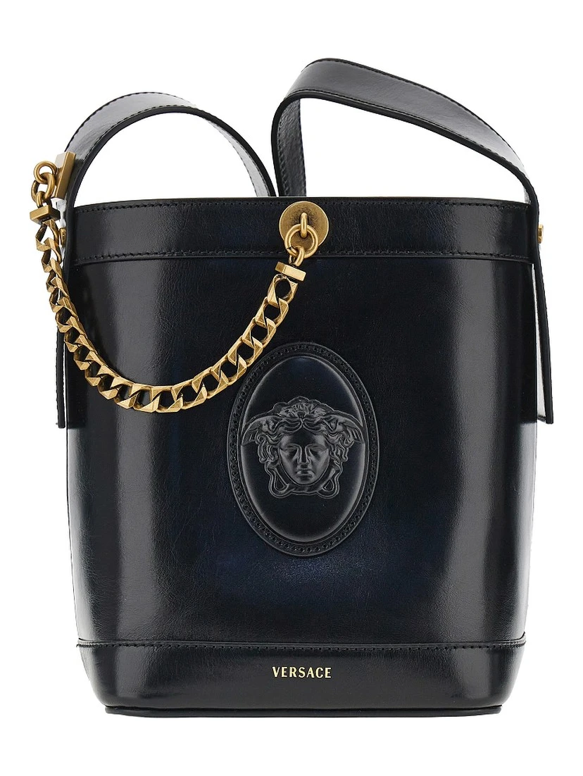 Leather bucket bag with Medusa patch