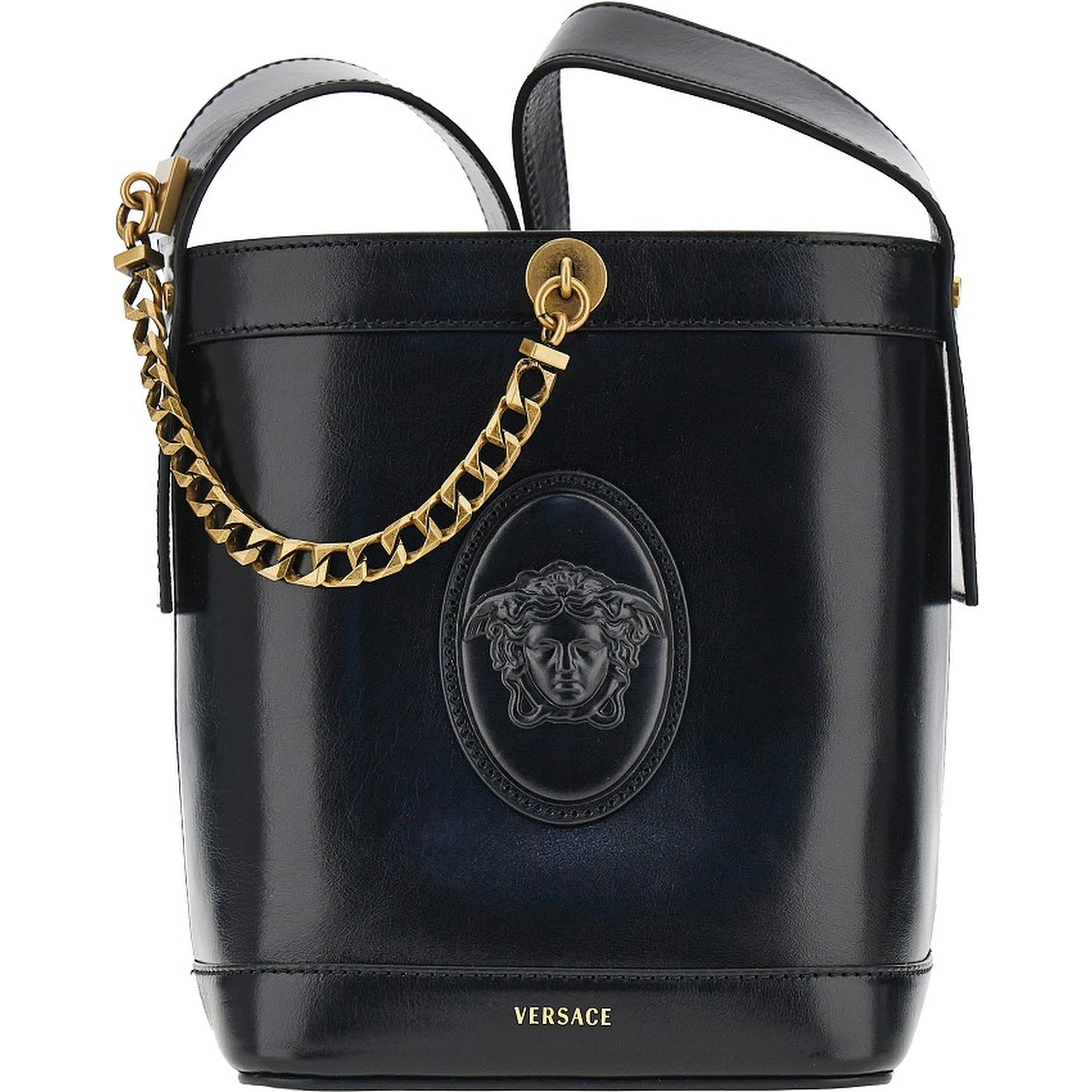 Leather bucket bag with Medusa patch