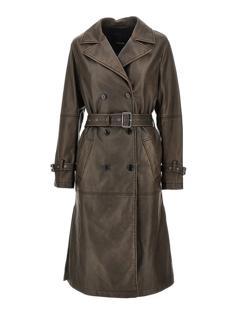 Vintage effect faux leather trench coat