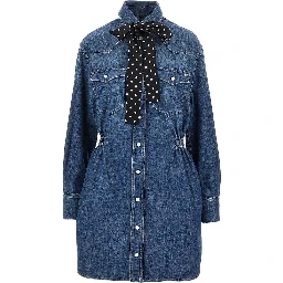 Denim mini dress with silk bow