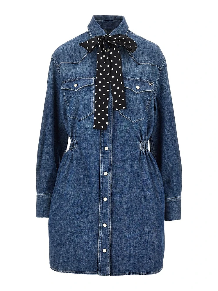 Denim mini dress with silk bow