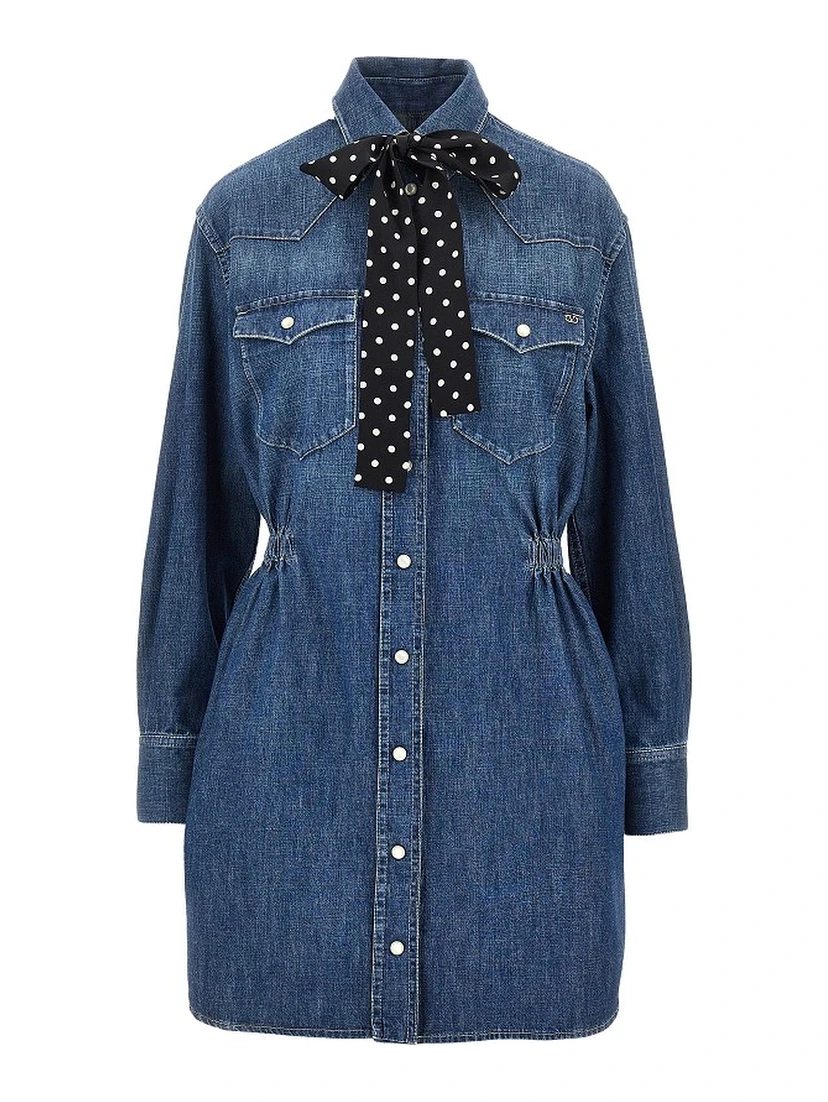 Denim mini dress with silk bow
