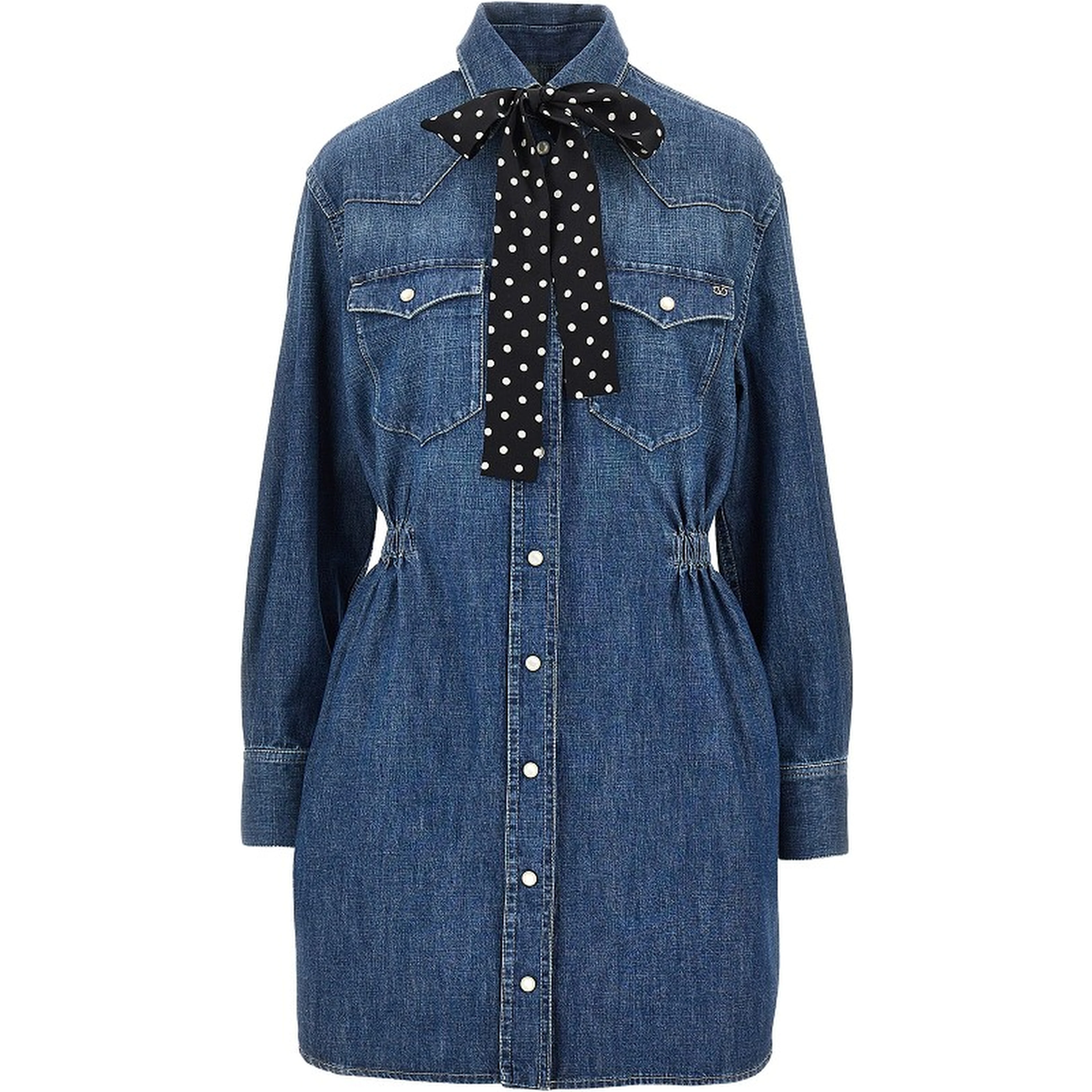 Denim mini dress with silk bow