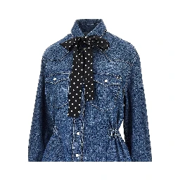 Denim mini dress with silk bow