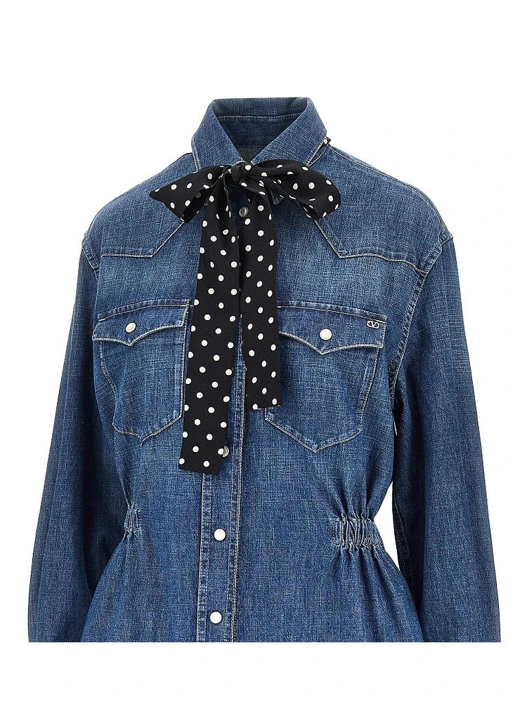Denim mini dress with silk bow alternative