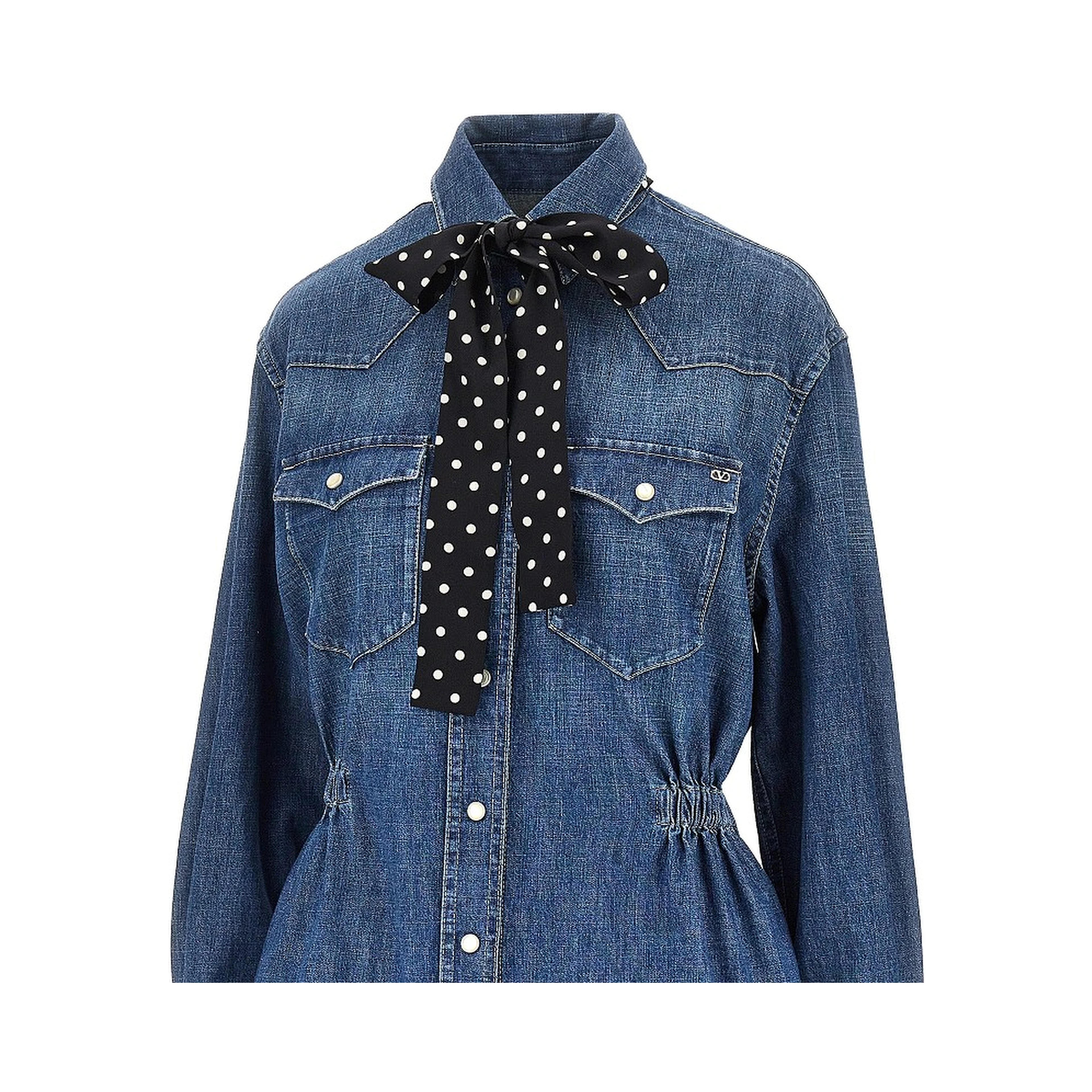 Denim mini dress with silk bow