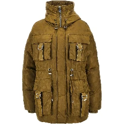 Camouflage technical satin down jacket