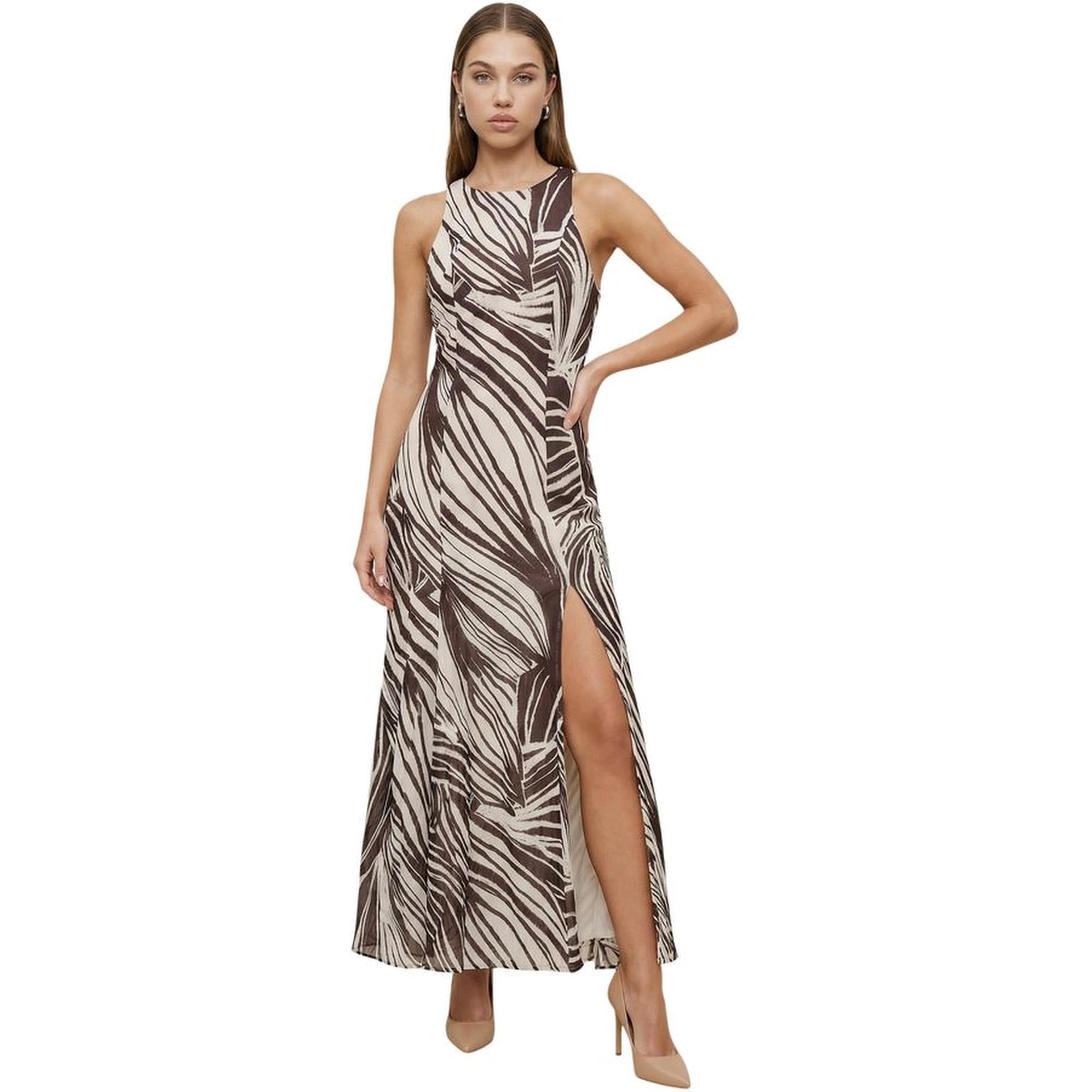 Brown Polyester Long Dress