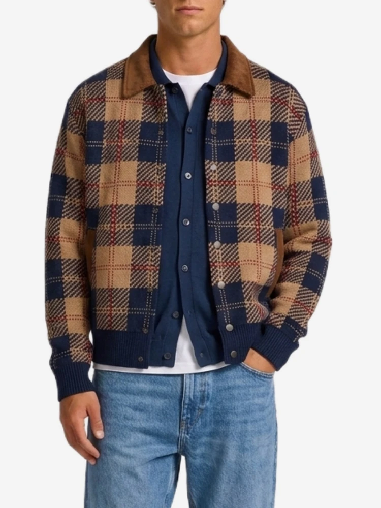 Camel combo tartan bomber