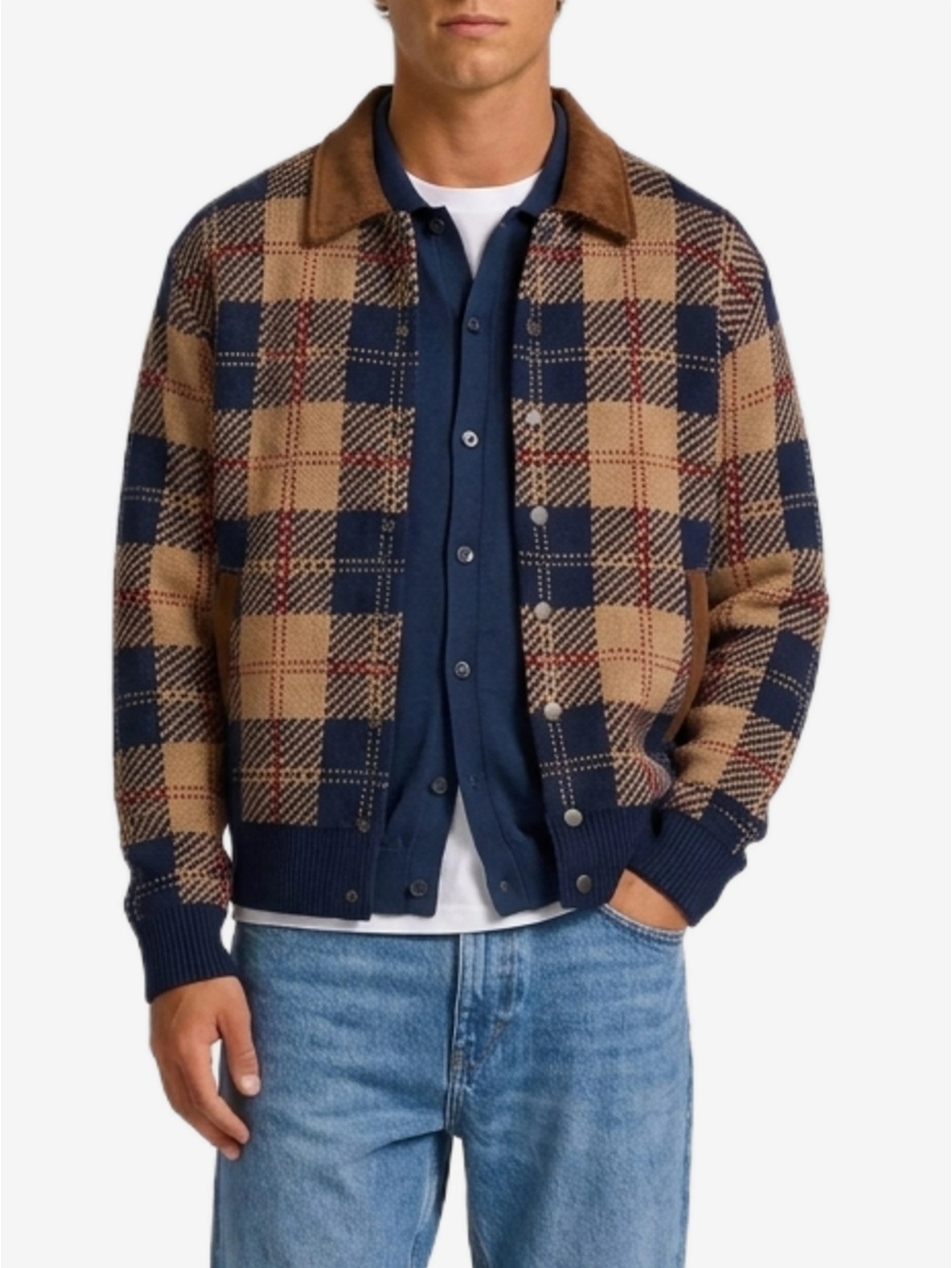 Camel combo tartan bomber