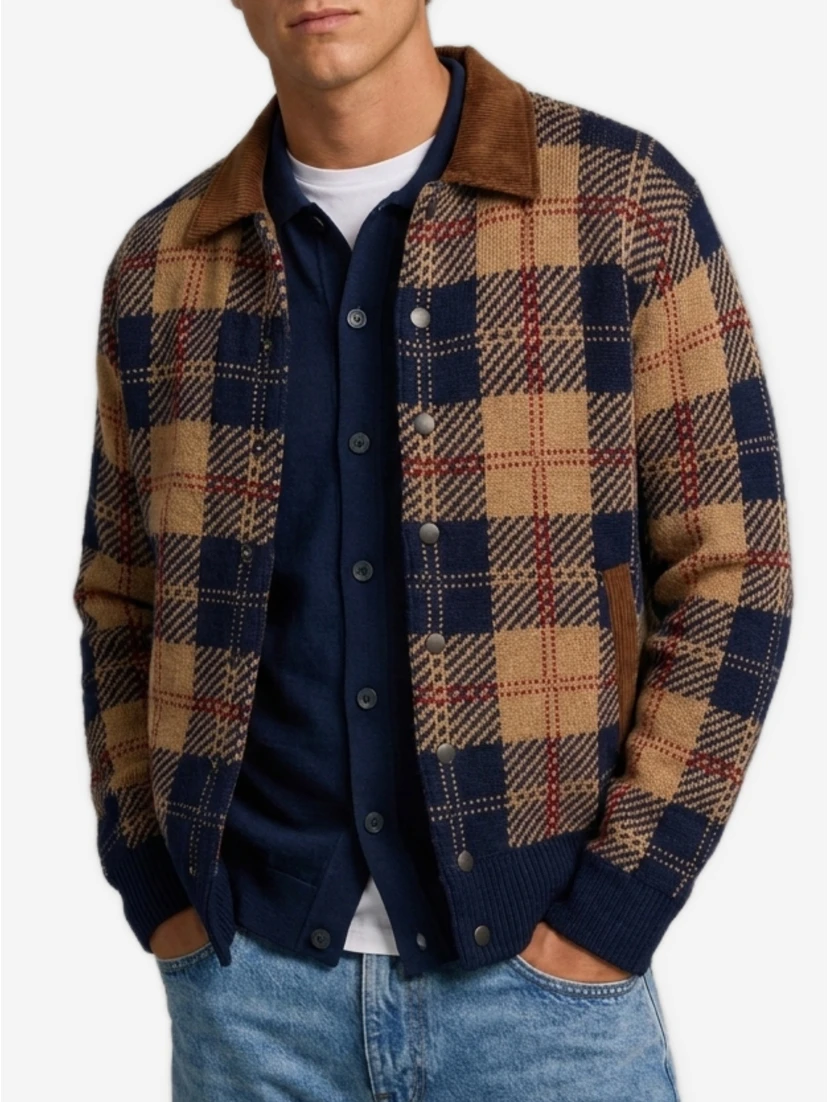 Camel combo tartan bomber