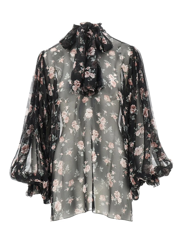 Vintage roses print chiffon blouse
