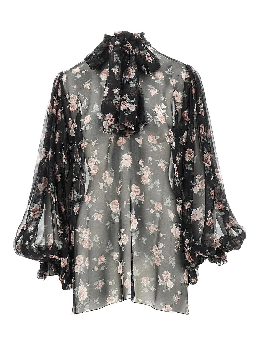 Vintage roses print chiffon blouse