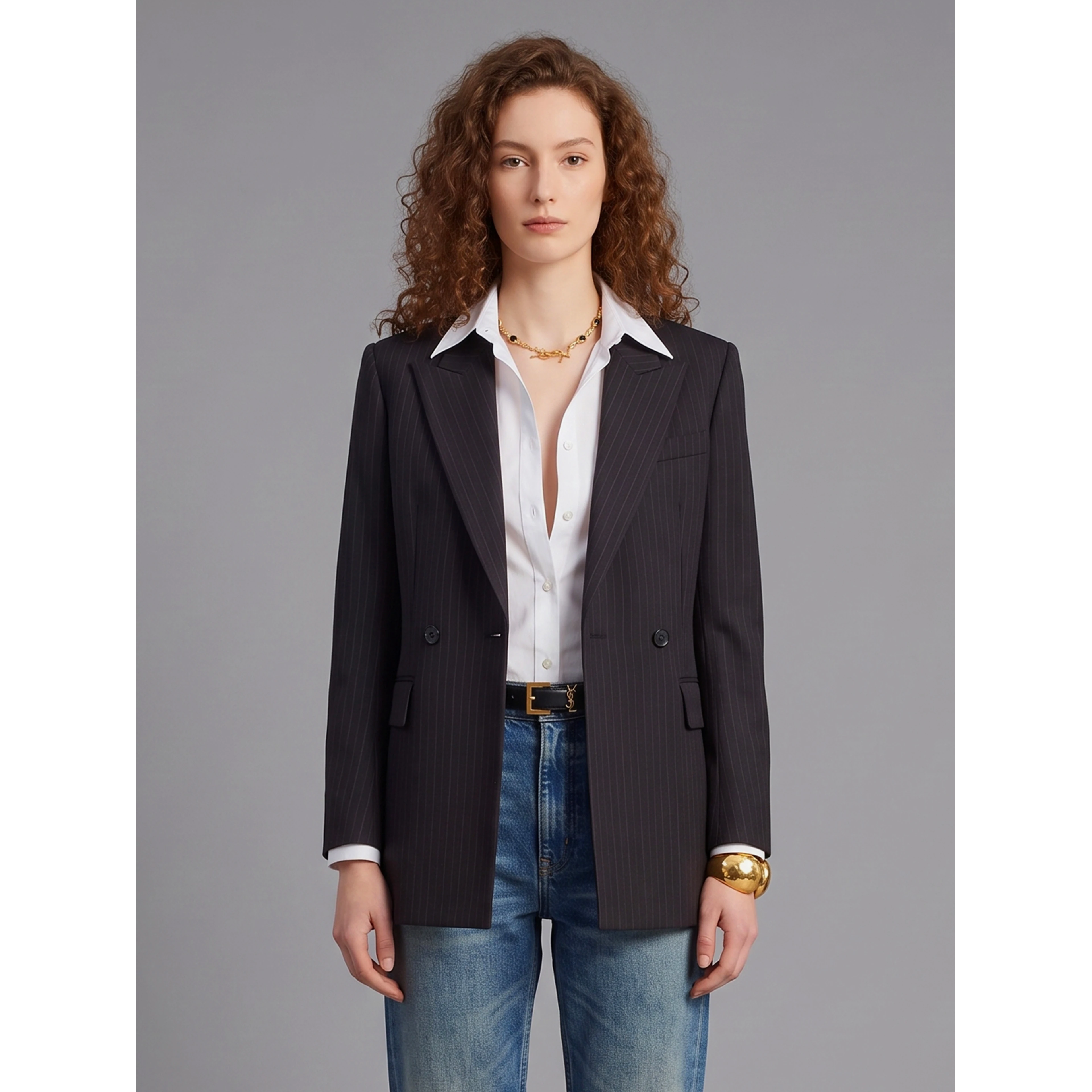 Double-breasted jacket in chalk mélange wool