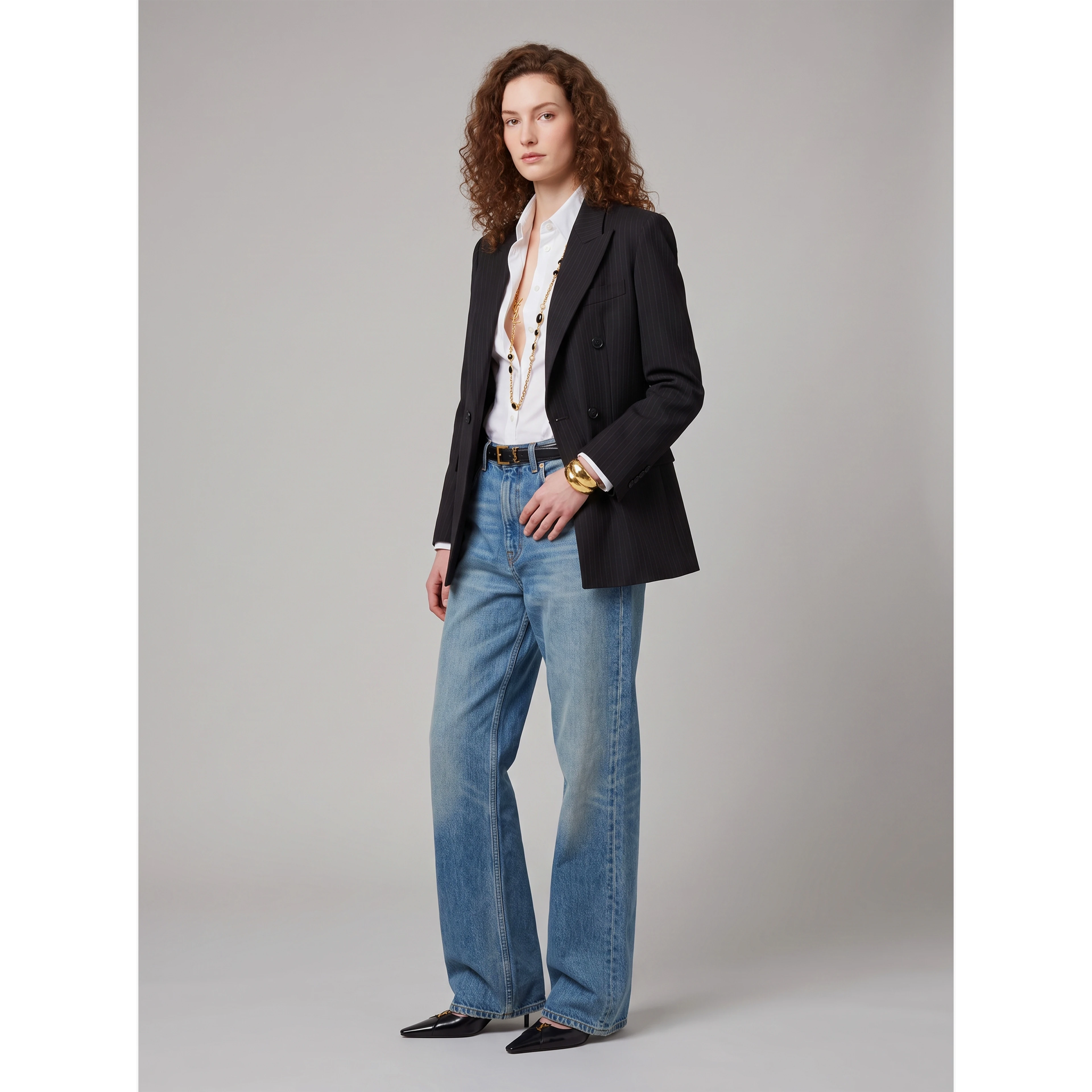Double-breasted jacket in chalk mélange wool