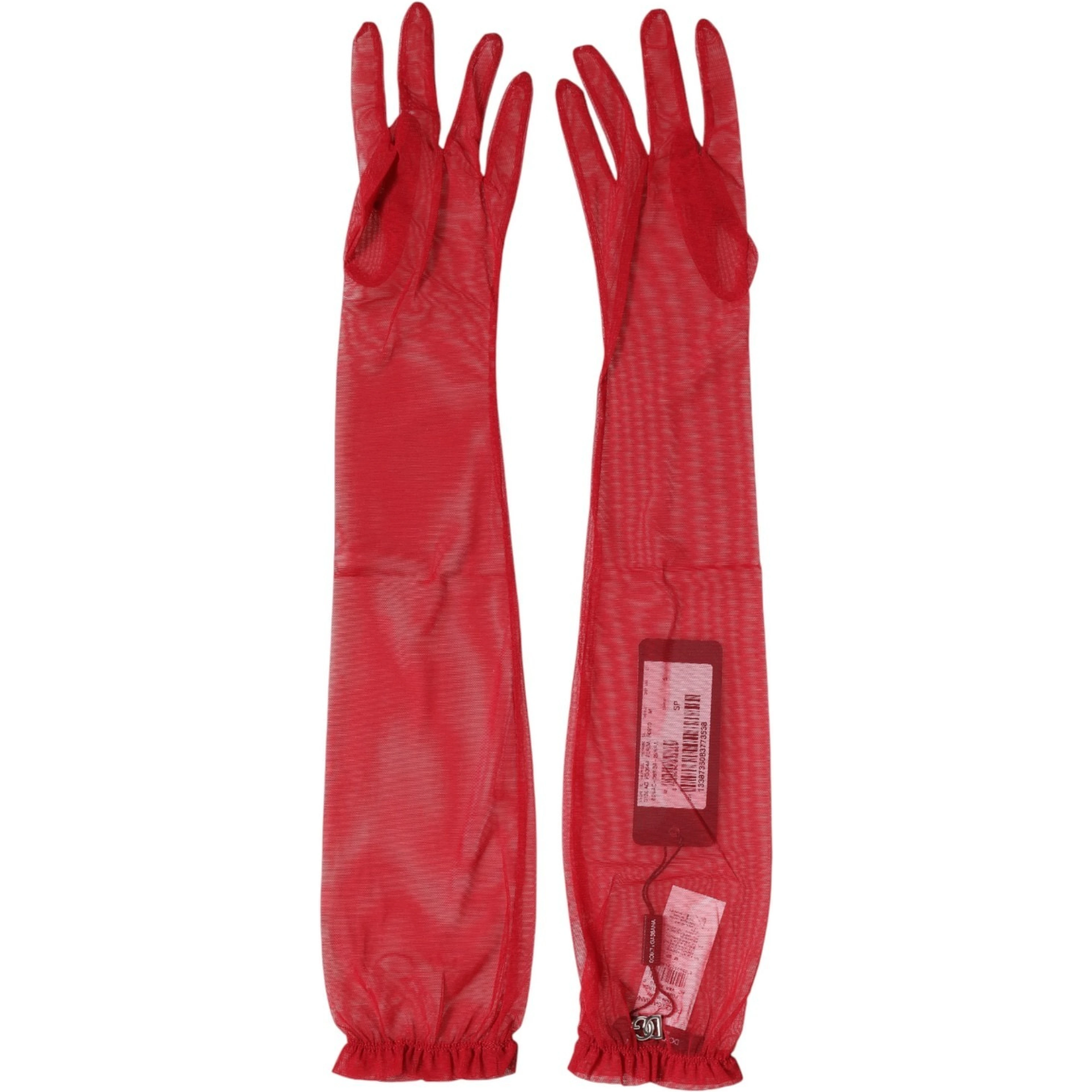 Red Acetate Sheer Elbow Length Mitten Gloves