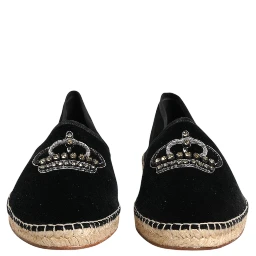 Black Embellished Crown Flat Espadrilles Shoes