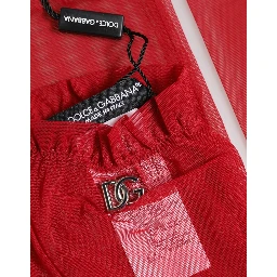 Red Acetate Sheer Elbow Length Mitten Gloves