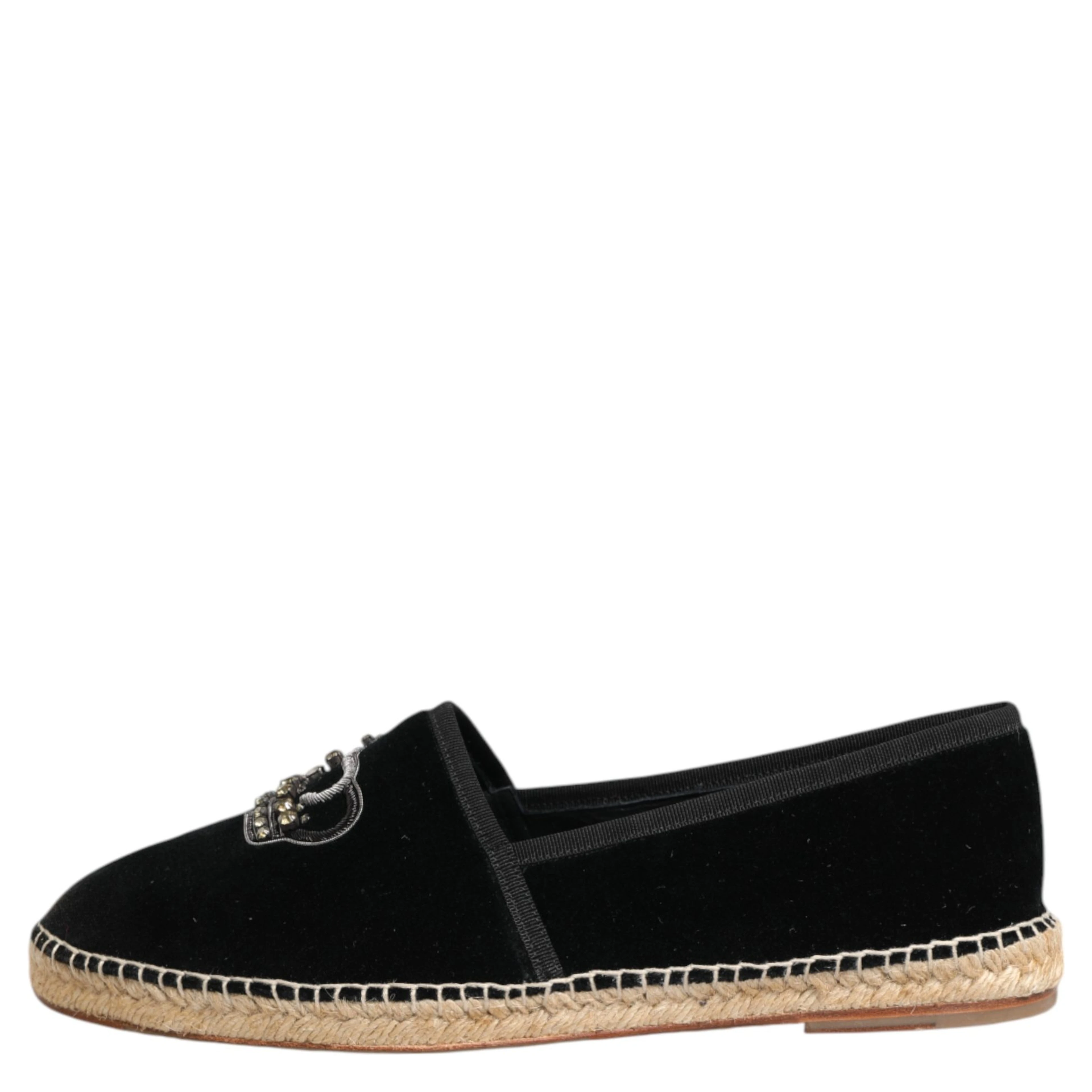 Black Embellished Crown Flat Espadrilles Shoes