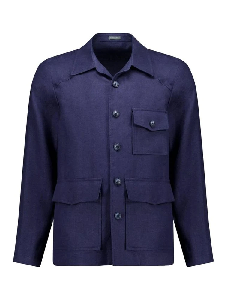 Navy Blue Linen Full-Length Jacket
