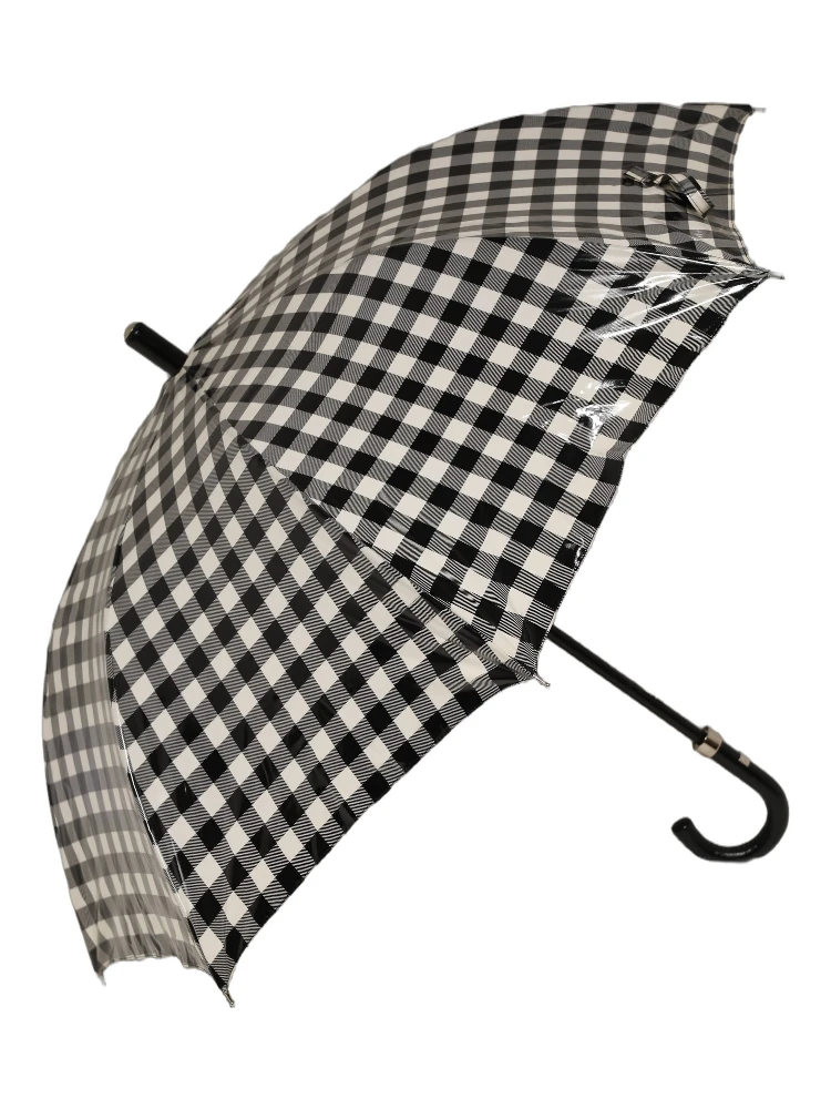 Black White Gingham Check Cotton Long Handle Umbrella